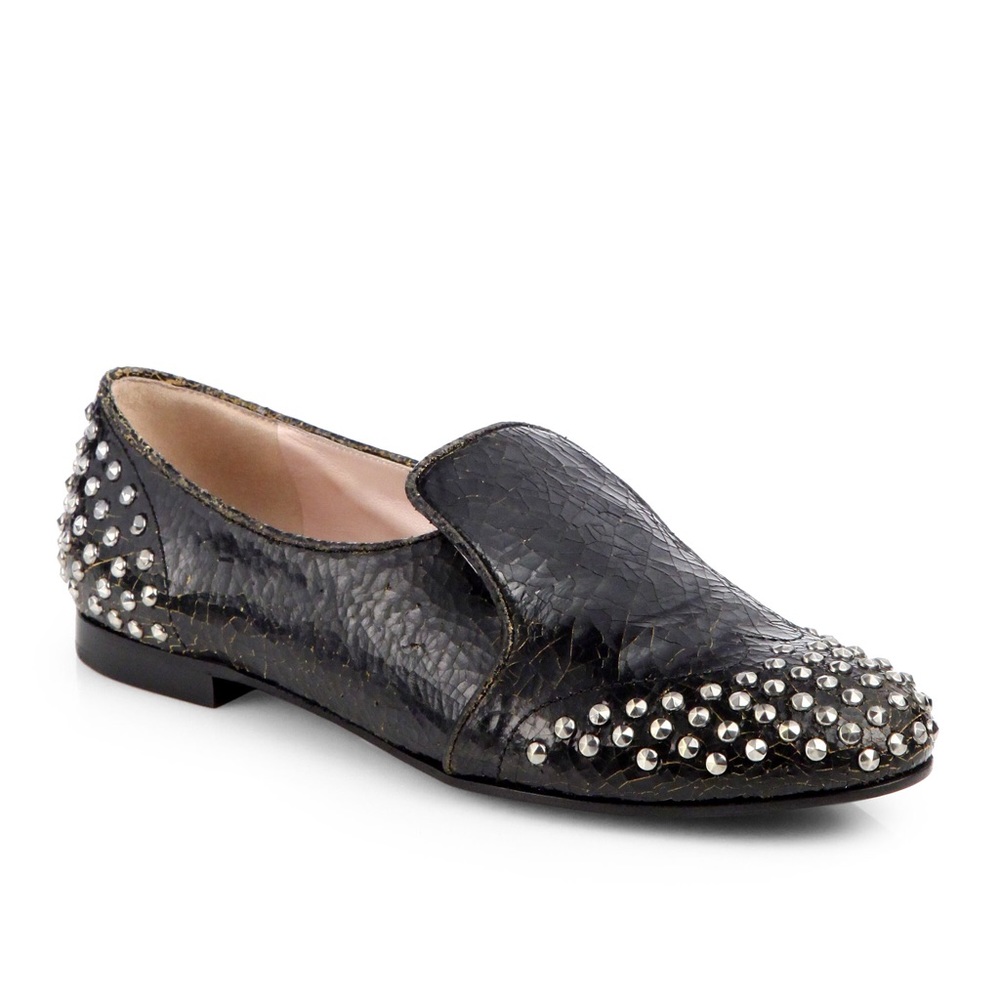 MiuMiu Distressed Studded Leather Smoking Slippers